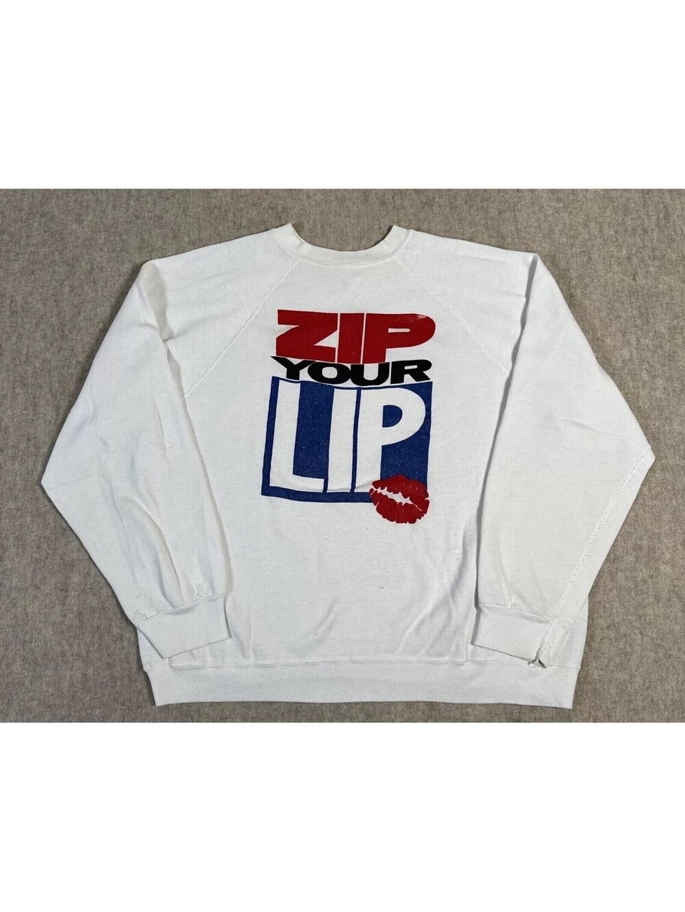 Vintage White Crewneck Sweatshirt Large “Zip Your Lip” Tultex Graphic